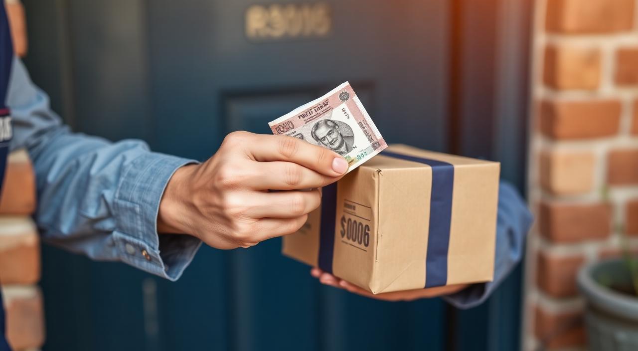 Hand exchanging cash with a delivery courier at doorstep