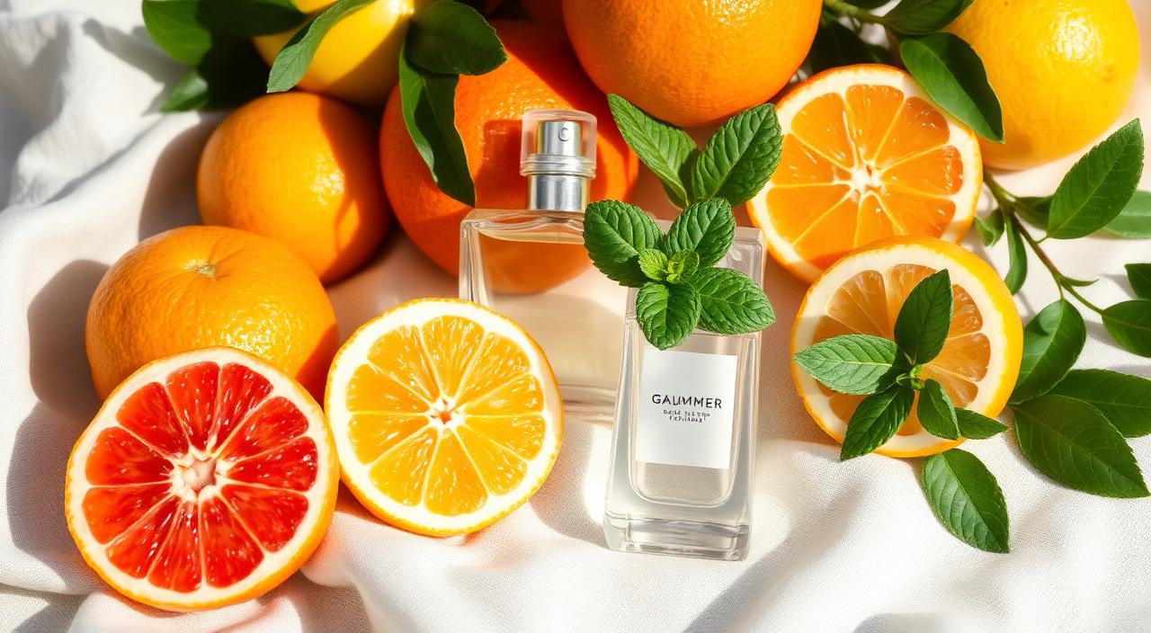 Citrus fruits, fresh mint and a clear perfume bottle on linen