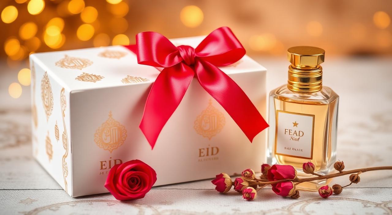 Wrapped Eid gift box with ribbon next to a perfume bottle