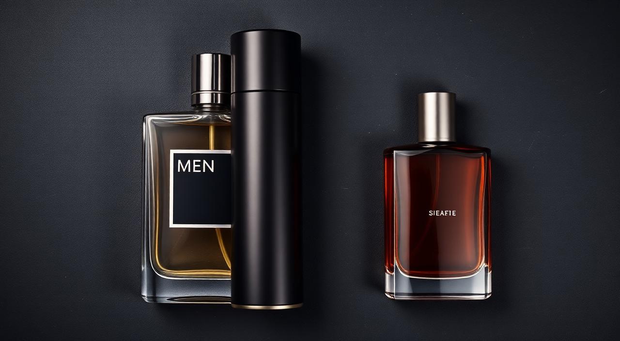 Men's cologne bottle and body spray on dark background