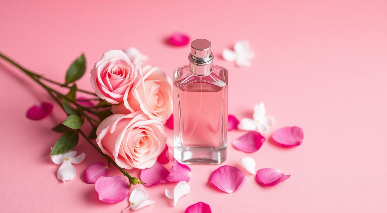 Pink perfume bottle with rose and jasmine petals